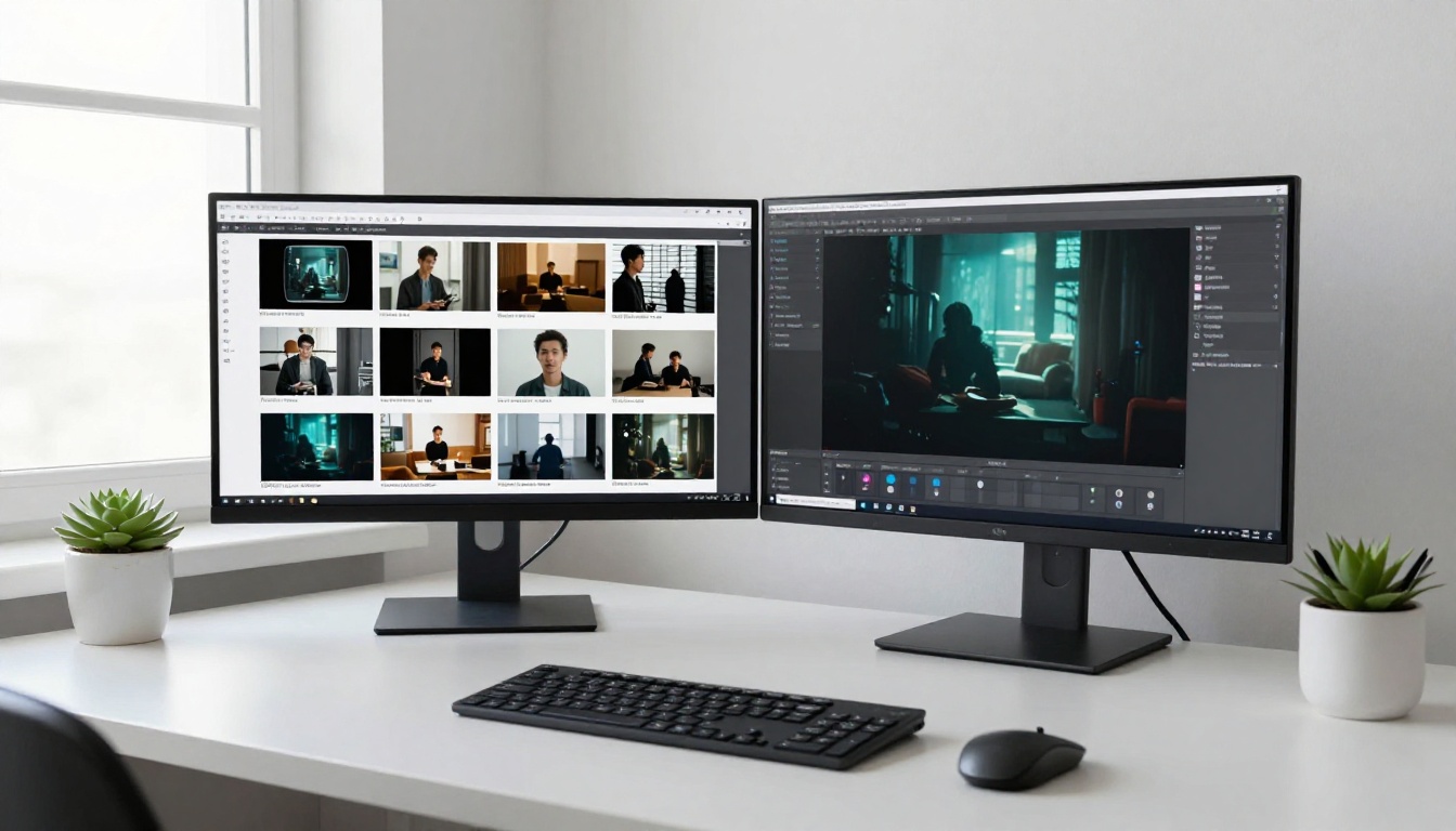 Dual-monitor creative workstation with reference image grid on left and video playback on right Dual-monitor creative workstation with reference image grid on left and video playback on right