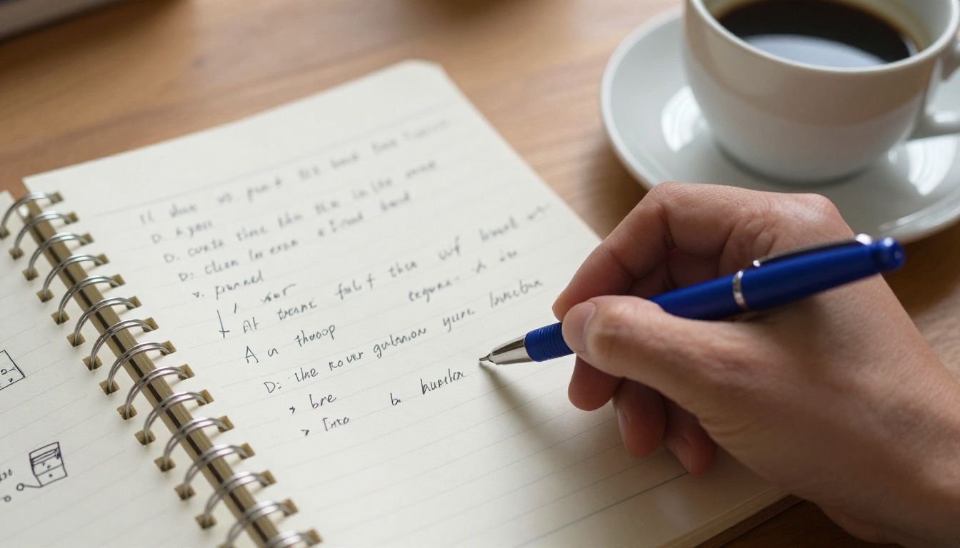 Hand writing detailed workflow notes and prompt structure in a spiral-bound notebook Hand writing detailed workflow notes and prompt structure in a spiral-bound notebook