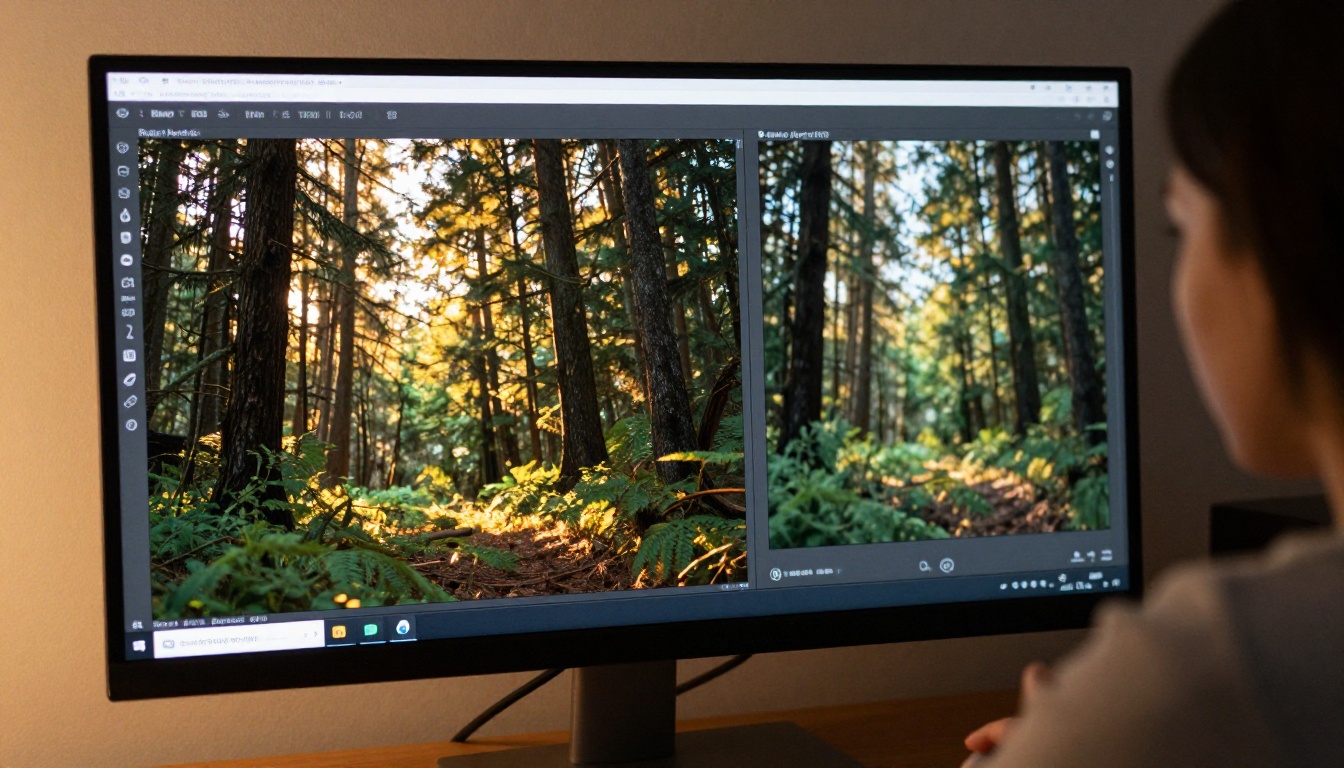 Side-by-side monitor display comparing a reference forest photograph with the AI-generated video output Side-by-side monitor display comparing a reference forest photograph with the AI-generated video output