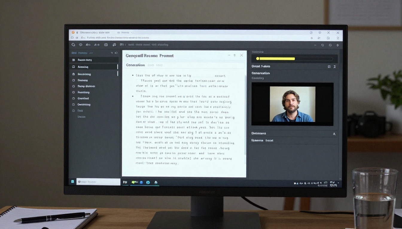 Browser-based AI video generation interface showing reference upload panel, text prompt field, and generation progress Browser-based AI video generation interface showing reference upload panel, text prompt field, and generation progress