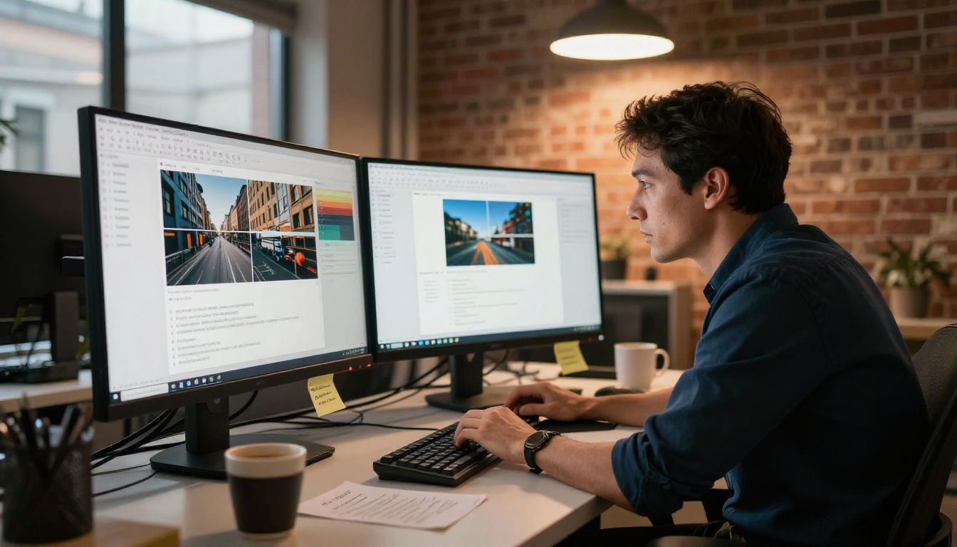 Developer comparing two AI models at dual monitor workstation