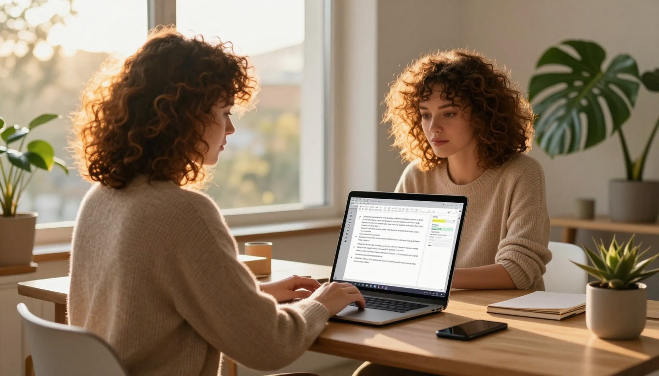 Content writer using AI writing assistant at home office