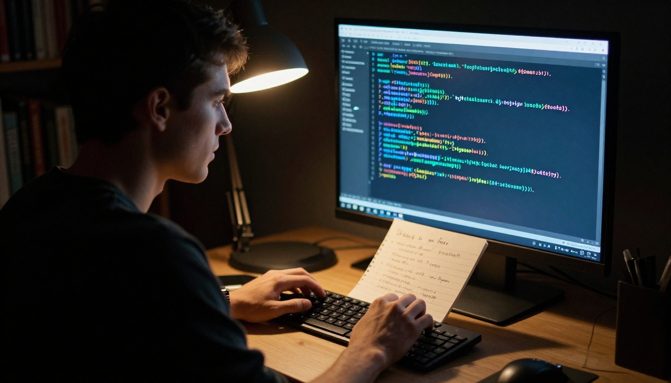 Developer debugging code late at night with desk lamp Developer debugging code late at night with desk lamp