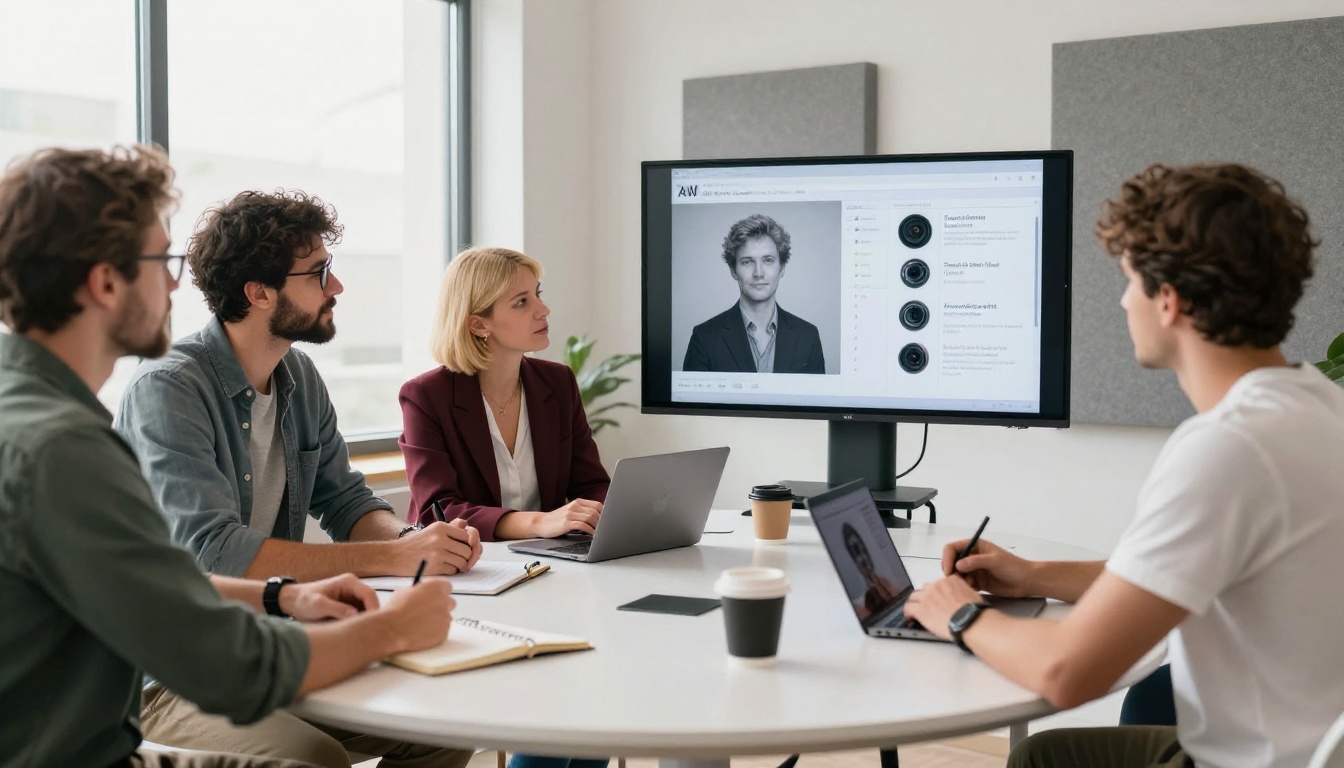 Team evaluating AI language models in a collaborative meeting