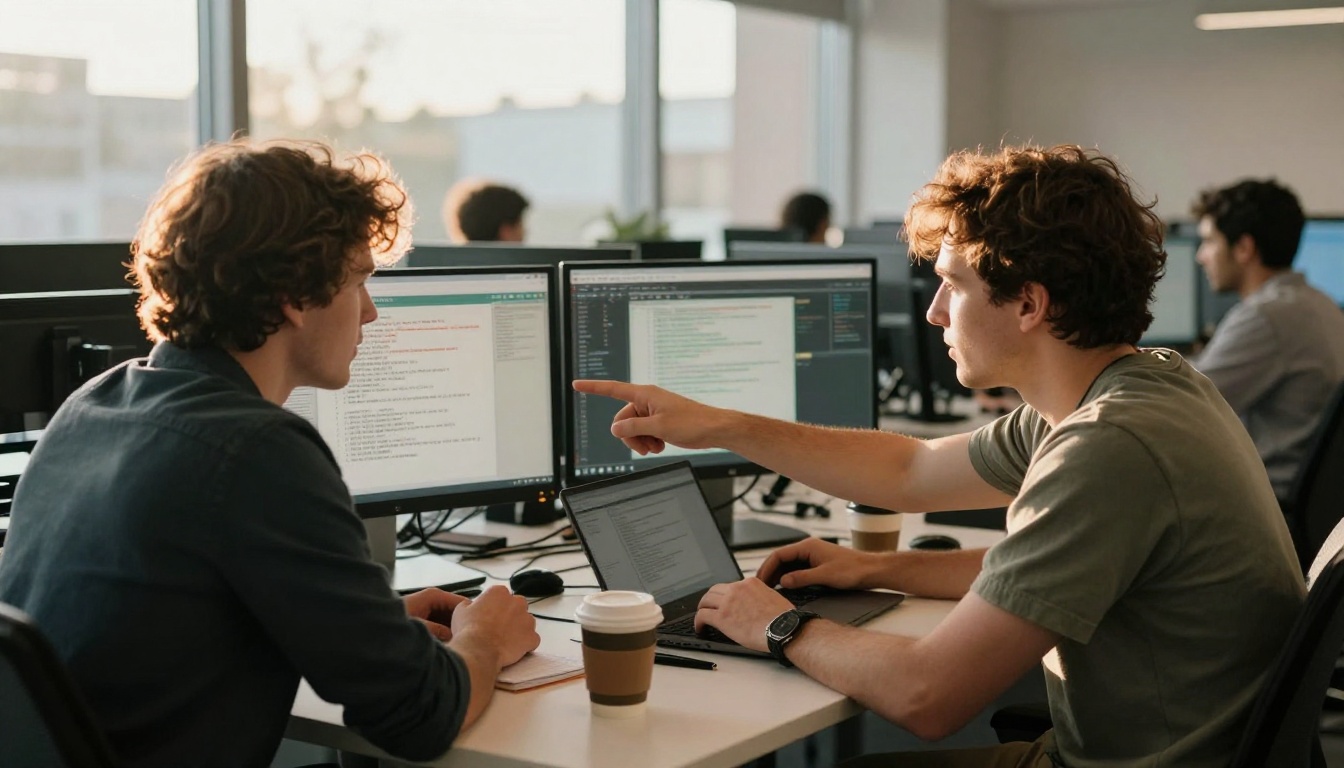 Two developers pair programming together at a shared desk Two developers pair programming together at a shared desk