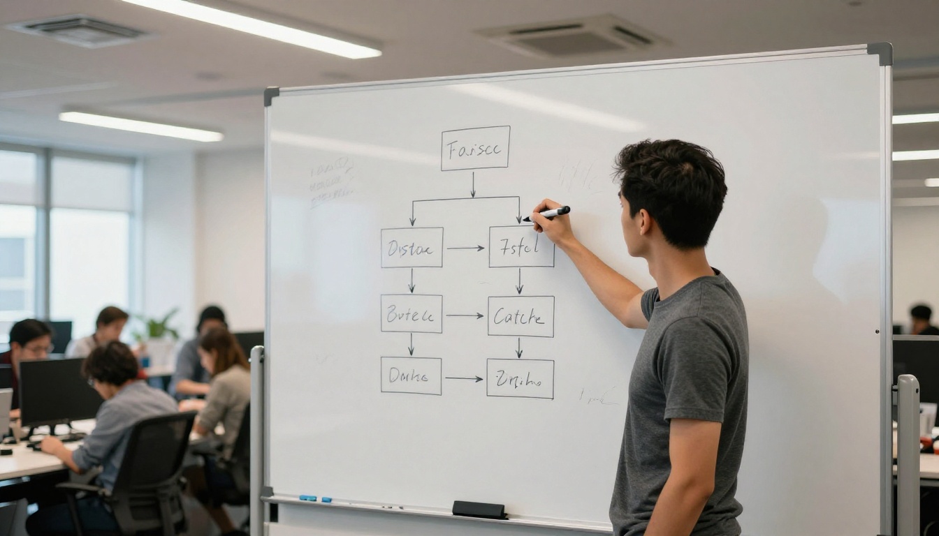 Developer drawing a system architecture diagram on a whiteboard Developer drawing a system architecture diagram on a whiteboard