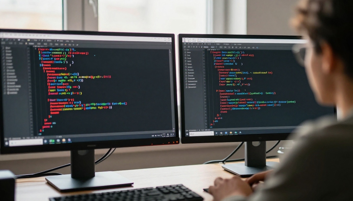 Two monitors showing messy code versus clean refactored code side by side Two monitors showing messy code versus clean refactored code side by side