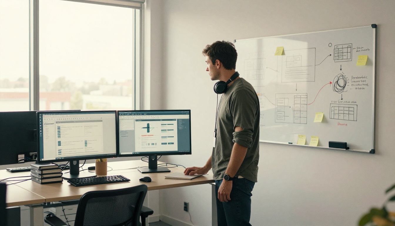 Professional AI-powered workflow at standing desk