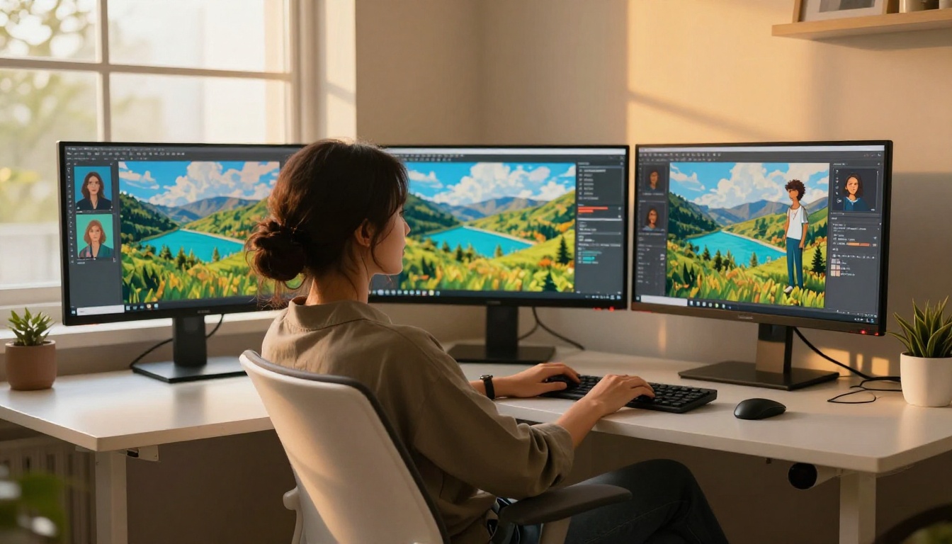 A creative freelancer at a dual-monitor setup reviewing AI-generated images