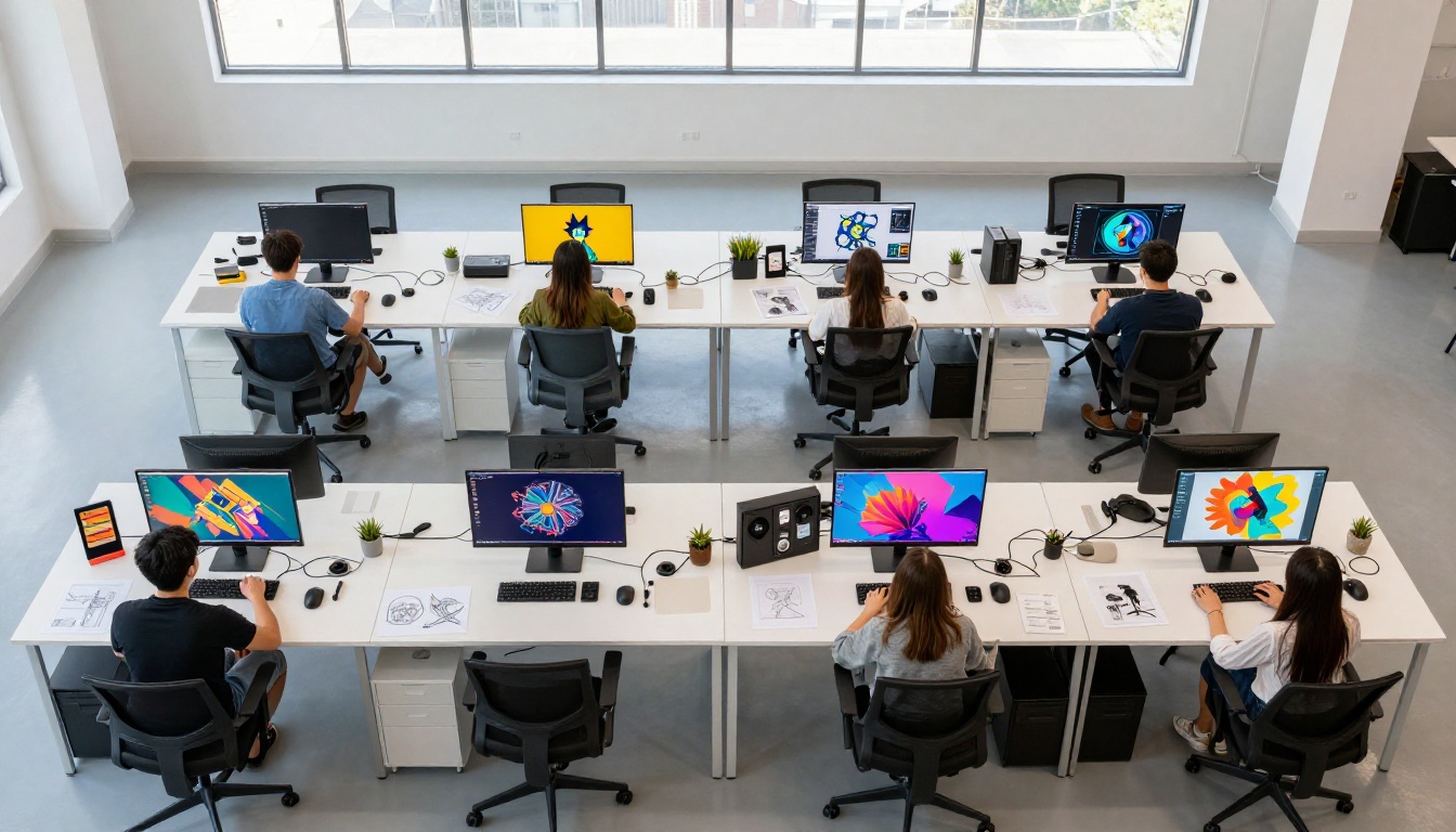 Aerial view of a creative studio where multiple designers generate AI images simultaneously