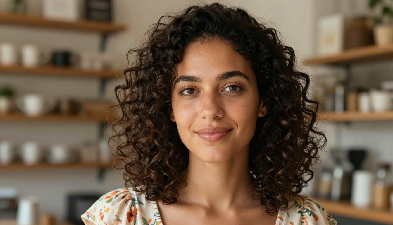 Close-up portrait of a woman in a sunlit coffee shop, representing high-quality AI portrait output