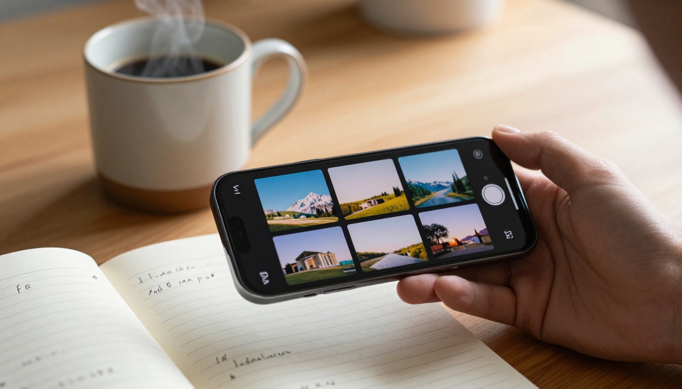 A hand holding a smartphone with an AI image generation interface, coffee and notebook beside it