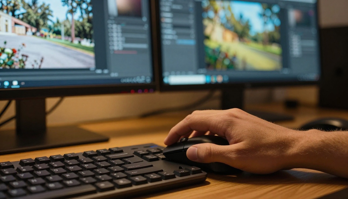Designer's hands on a keyboard with before-and-after image editing on monitors in background