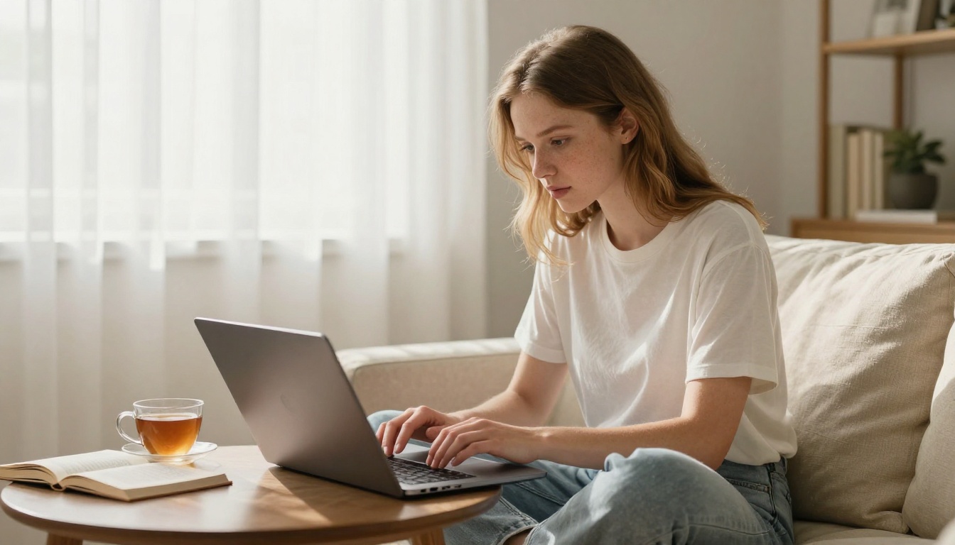 A young woman reviewing AI images on a laptop in a bright, sunlit living room