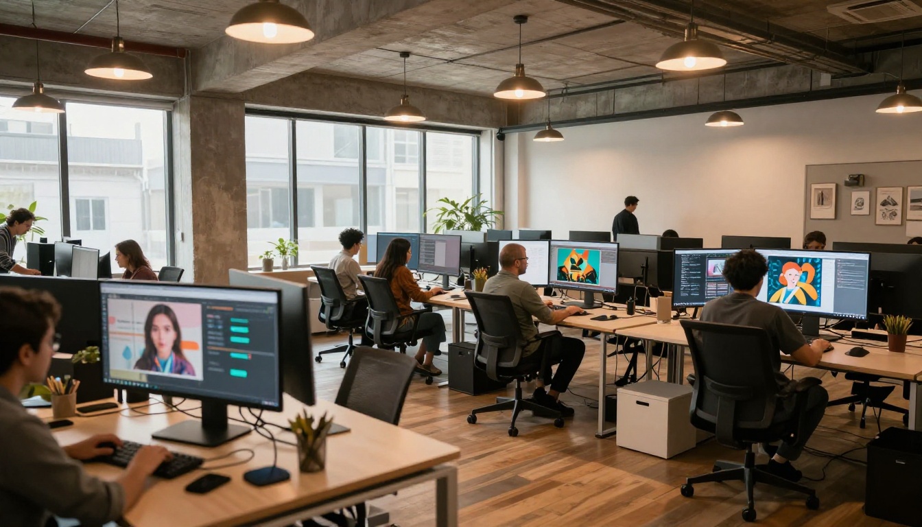 Modern creative agency workspace with designers generating AI imagery at scale