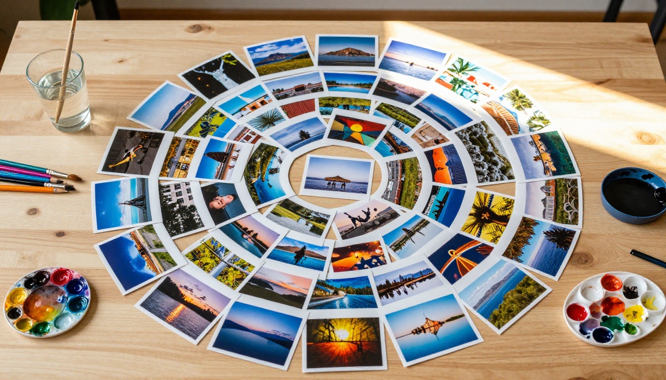Aerial view of a creative workspace with dozens of printed photographs showing iterative AI image generation