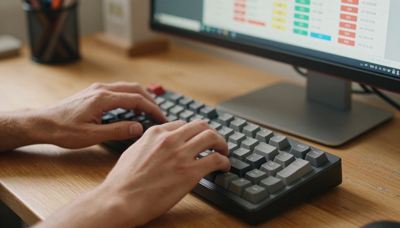 Professional reviewing subscription tier pricing on a curved monitor from a close aerial perspective