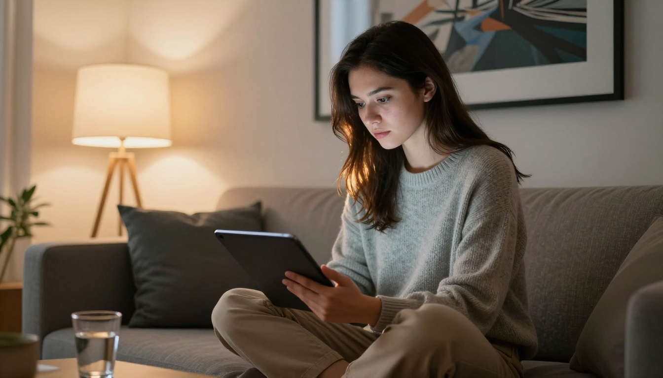 Young graphic designer reviewing AI-generated artwork on a tablet while seated on a modern sofa