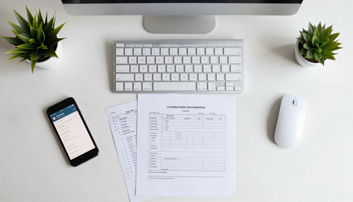 Overhead flat-lay of billing invoices, smartphone showing subscription billing app, and keyboard on marble desk