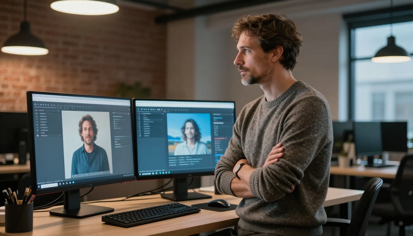 Two monitors side by side in a modern agency workspace, male creative director comparing AI model outputs