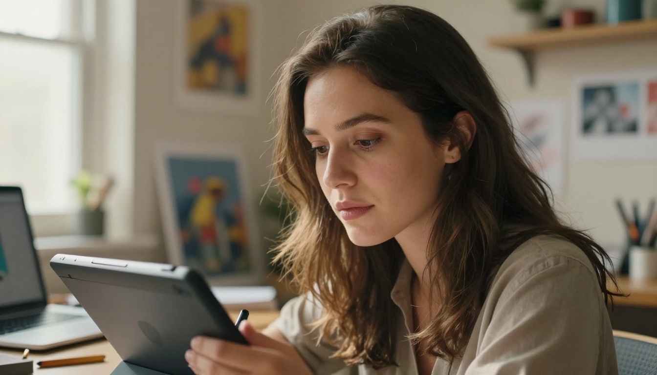 Close-up portrait of female freelance illustrator at studio desk with natural window light from the left