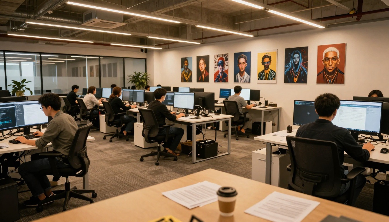 Wide angle shot of a busy creative agency open-plan workspace with rows of professionals at dual-monitor setups