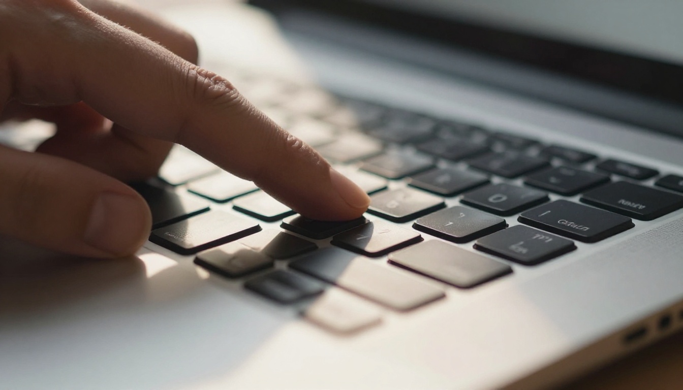 Close-up macro of fingers hovering over laptop keyboard about to click, sharp key engravings and aluminum surface detail
