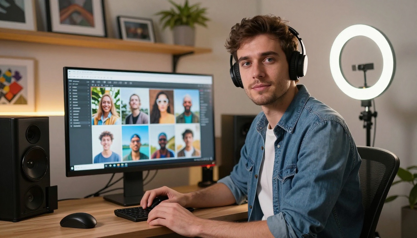 Male content creator at standing desk with ring light, AI image gallery visible on large monitor behind him