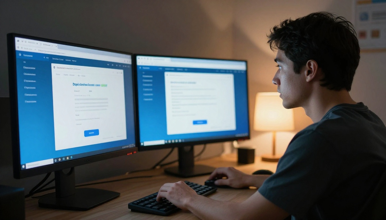Graphic designer comparing pay-per-credit and unlimited subscription interfaces on dual monitors
