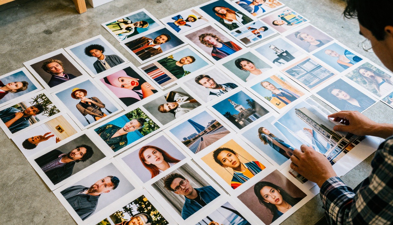 Aerial view of hundreds of printed AI-generated photographs arranged in a mosaic on a studio floor