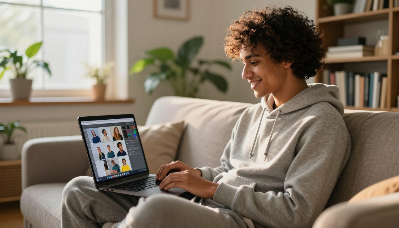 Content creator sitting on a modern couch with a laptop showing a grid of AI-generated images