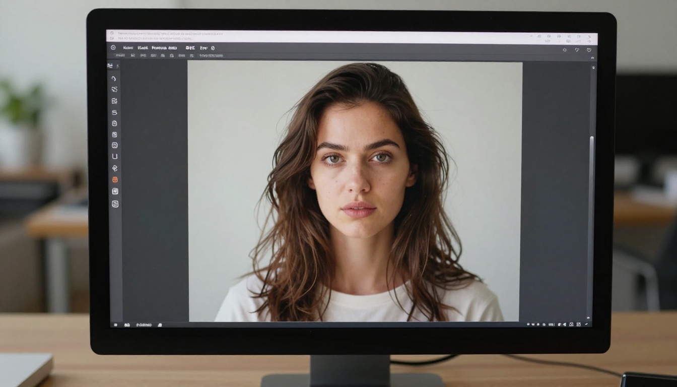 High-quality AI-generated portrait displayed on a large monitor in a professional desk setup
