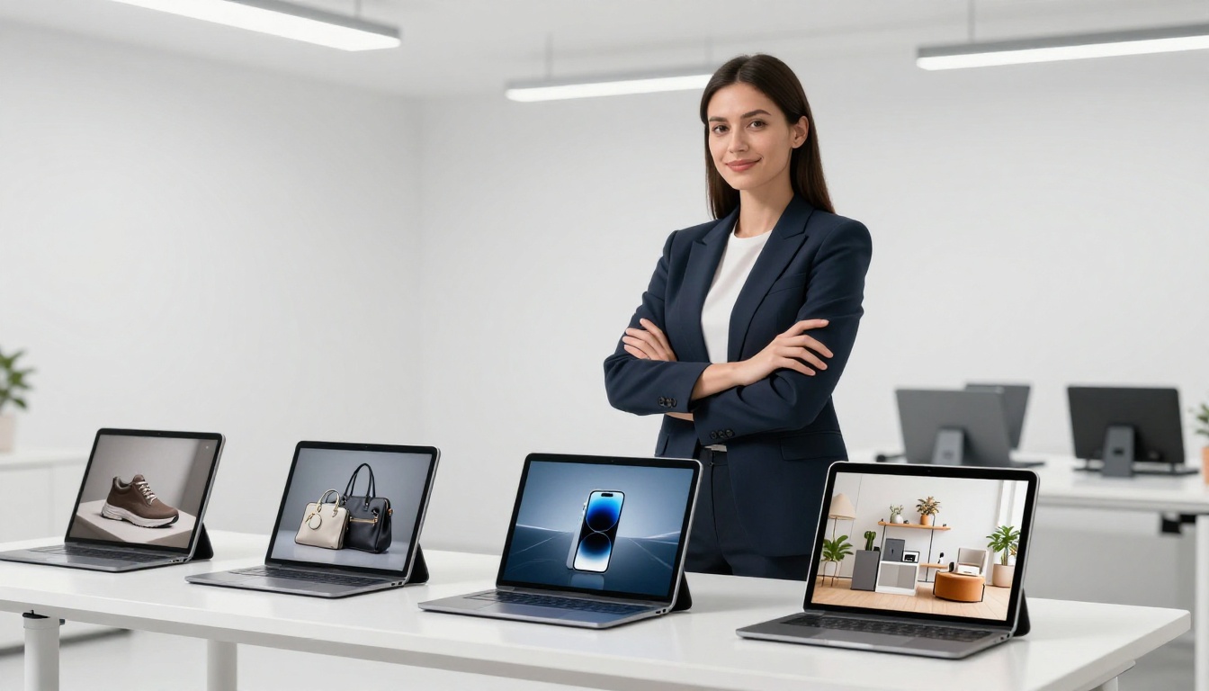 E-commerce entrepreneur at a standing desk with multiple tablets showing diverse AI-generated product photos