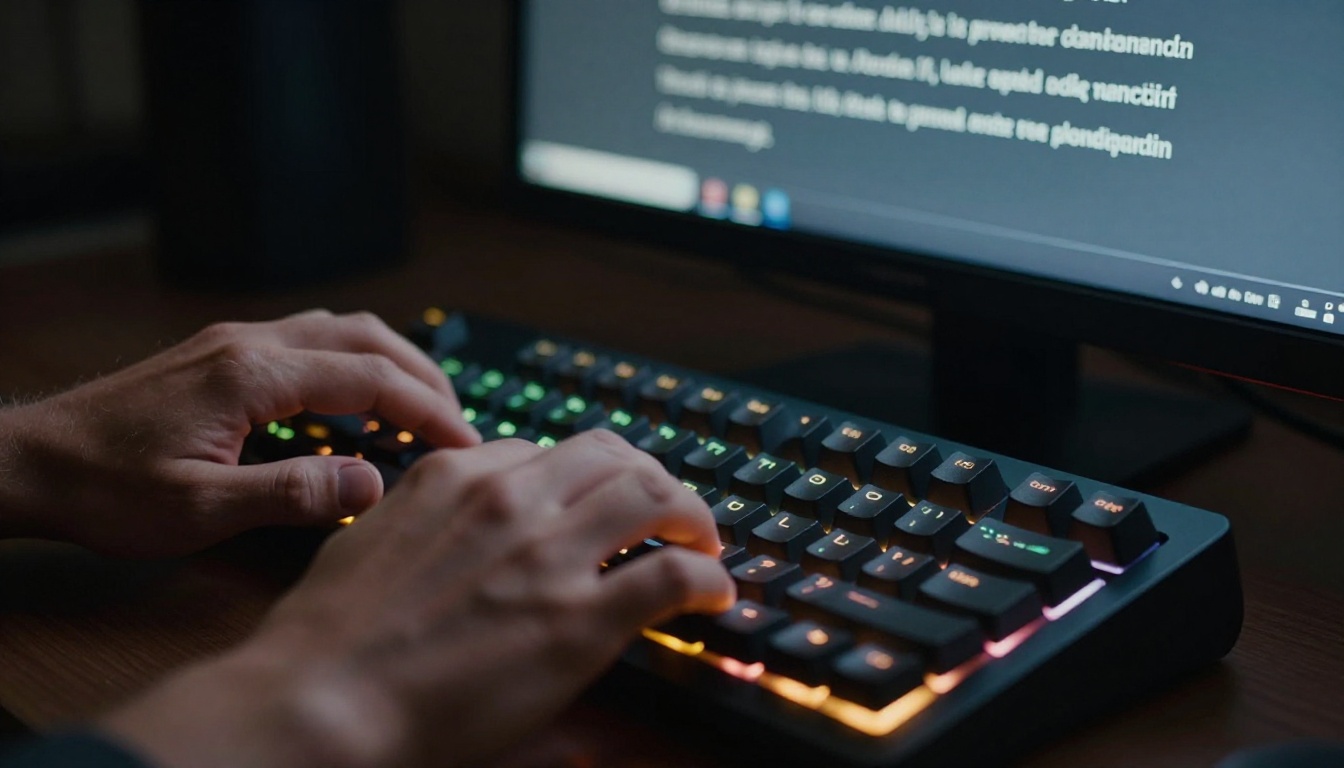 Person's hands typing a text prompt on a mechanical keyboard with monitor glow in dim lighting