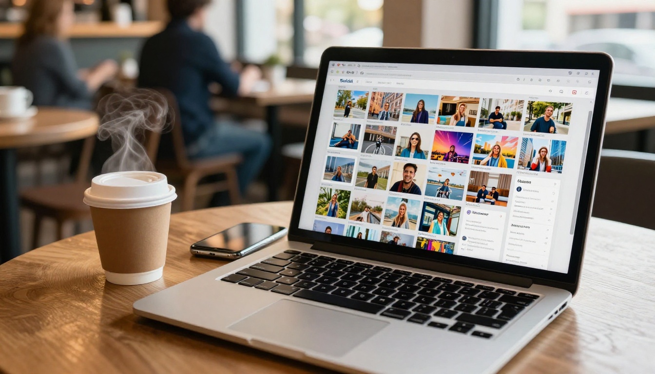 Social media manager at a bright cafe table with laptop showing a content calendar full of AI-generated images