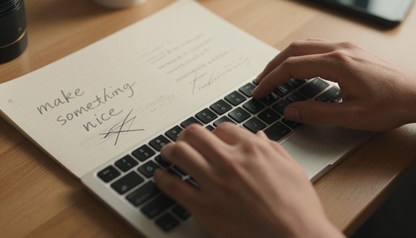 Designer hands over a notepad with vague handwritten notes crossed out in frustration, warm desk lamp light