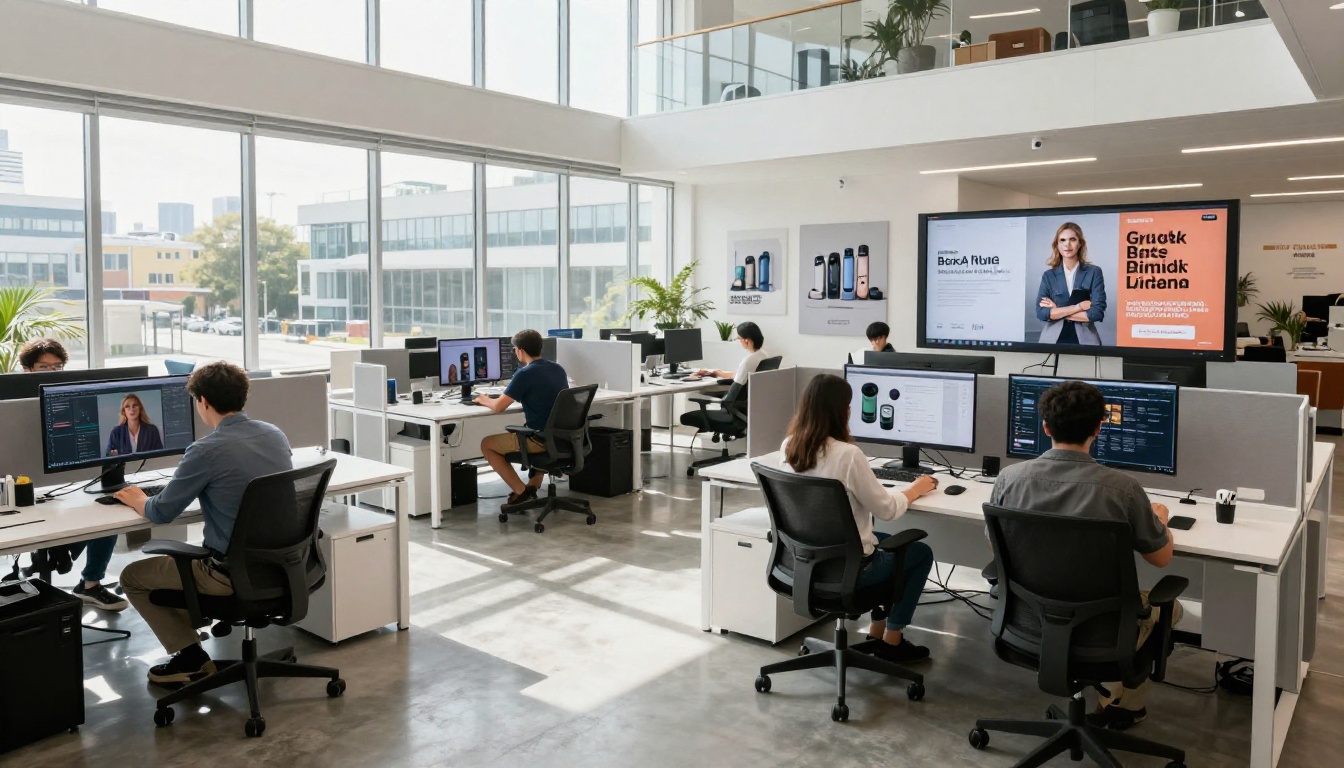 Wide shot of a modern open-plan creative agency with multiple designers at workstations displaying AI-generated images