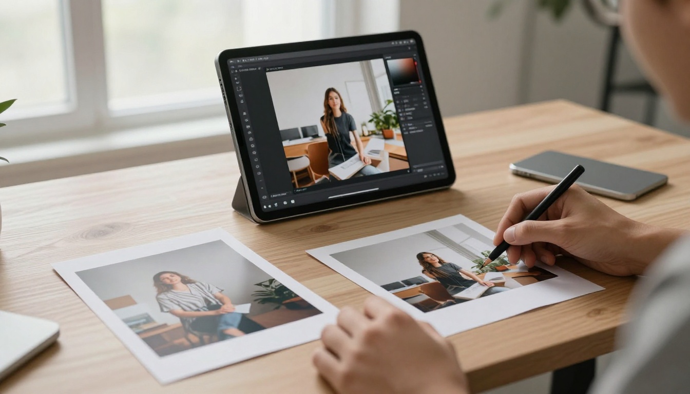 A creative professional at their desk reviewing printed reference photos beside a tablet showing an AI image generation interface