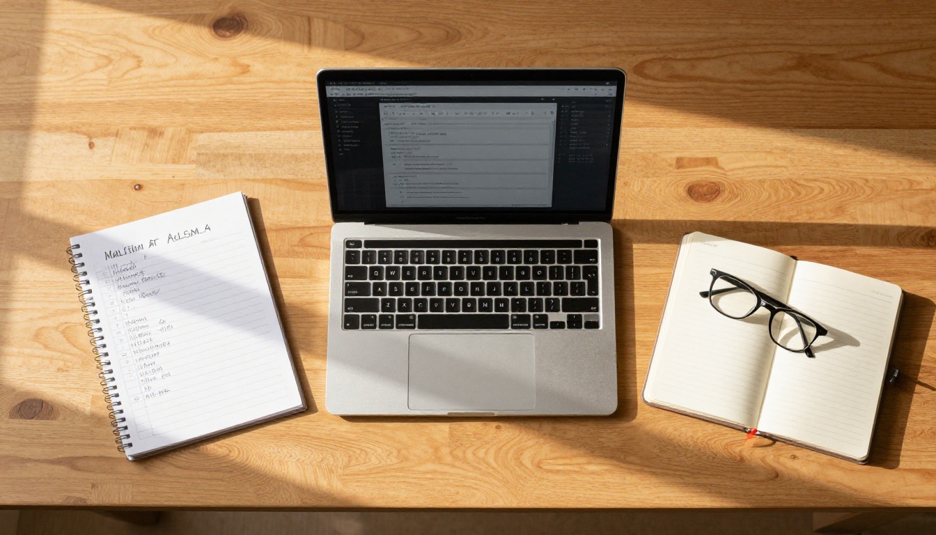 Overhead flat-lay of a laptop with settings panel open beside handwritten notes and reading glasses on a wooden desk