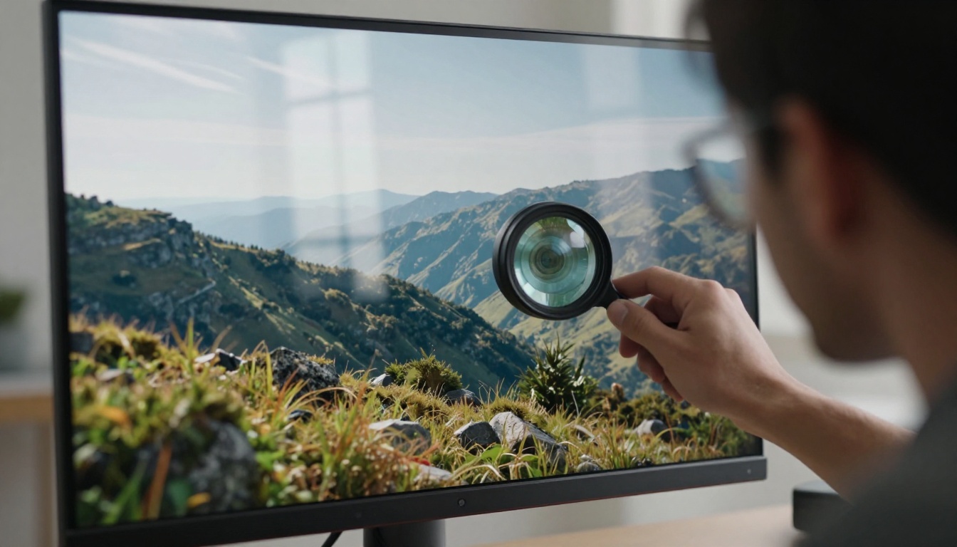 Professional photographer inspecting fine details on a large 4K monitor showing a razor-sharp AI-generated landscape