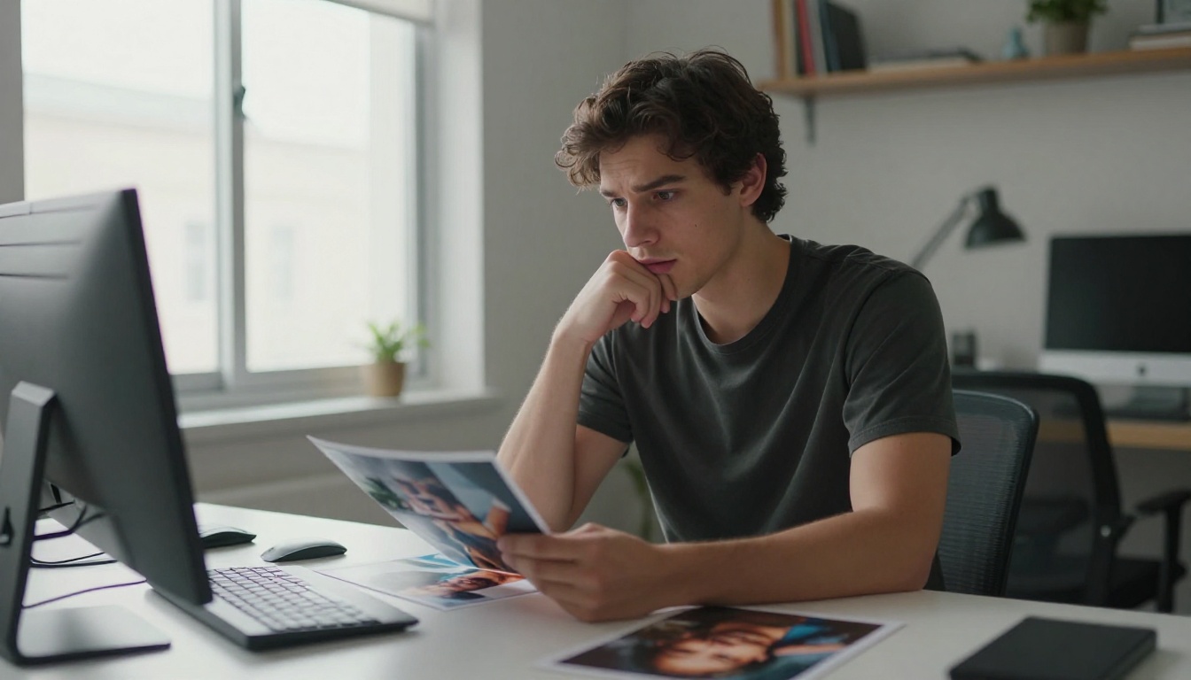 Young man sitting at a desk comparing two printed photos, one blurry and undefined, one sharp and detailed