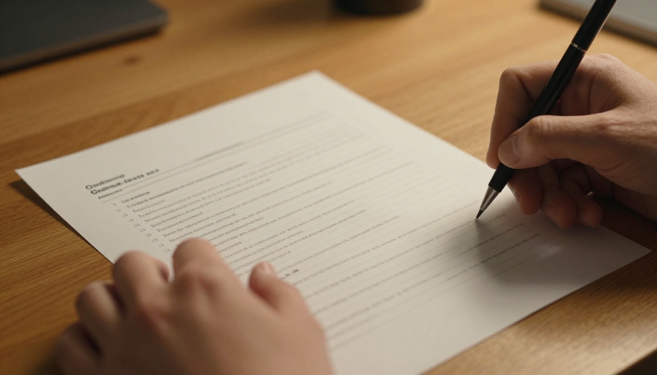 Two human hands holding a printed structured prompt sheet with organized sections under warm overhead light
