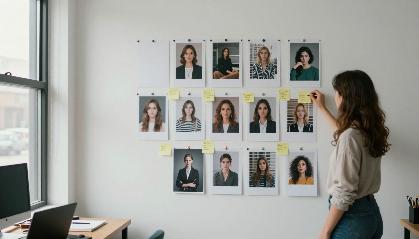 Creative studio wall with a mood board of multiple AI image variations and sticky note feedback pinned up, woman studying them
