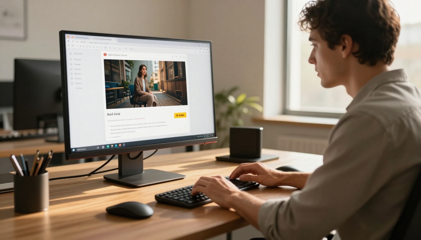 Person at a standing desk in a bright modern office actively typing with an AI image generation platform open on a large monitor