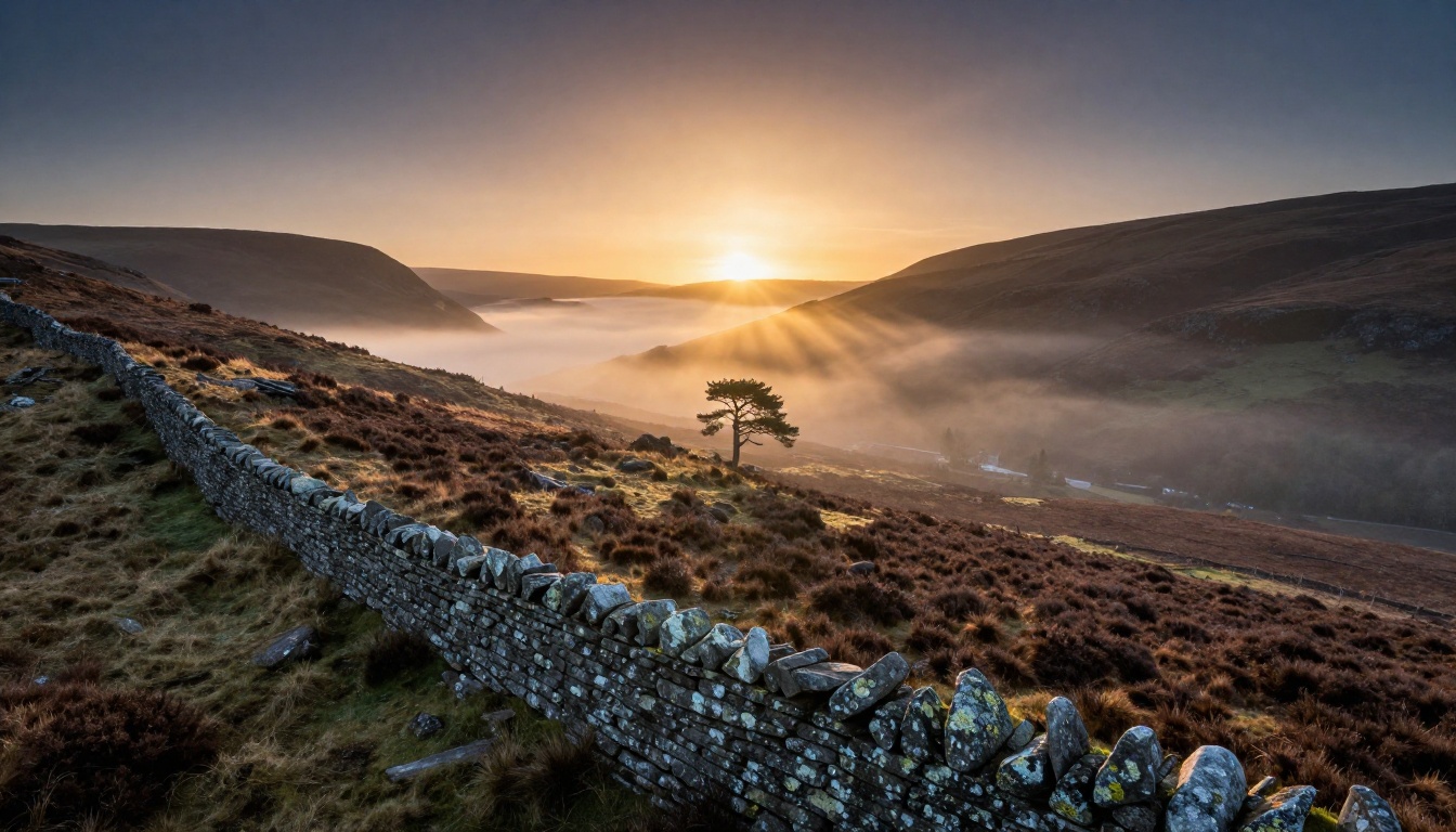 Scottish highlands landscape at dawn with atmospheric mist, heather-covered hills, and volumetric golden light Scottish highlands landscape at dawn with atmospheric mist, heather-covered hills, and volumetric golden light