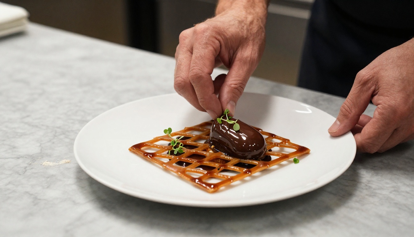 Professional chef's hands plating an exquisite dessert with caramel lattice work on a marble countertop with overhead tungsten light Professional chef's hands plating an exquisite dessert with caramel lattice work on a marble countertop with overhead tungsten light