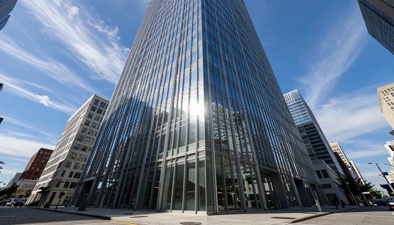 Modern glass-and-steel skyscraper shot from ground level showing authentic geometric reflections and architectural detail Modern glass-and-steel skyscraper shot from ground level showing authentic geometric reflections and architectural detail
