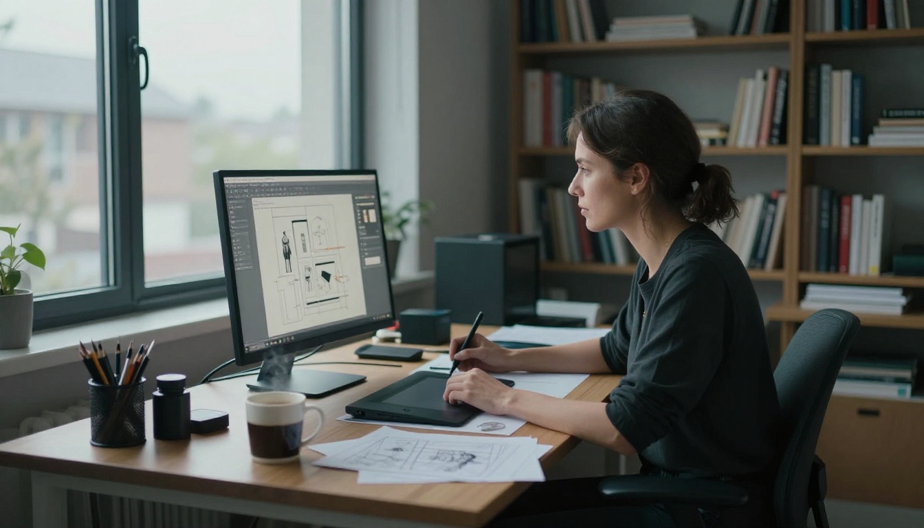 Woman graphic designer working intently at a wide curved desk in a naturally lit studio with north-facing windows Woman graphic designer working intently at a wide curved desk in a naturally lit studio with north-facing windows