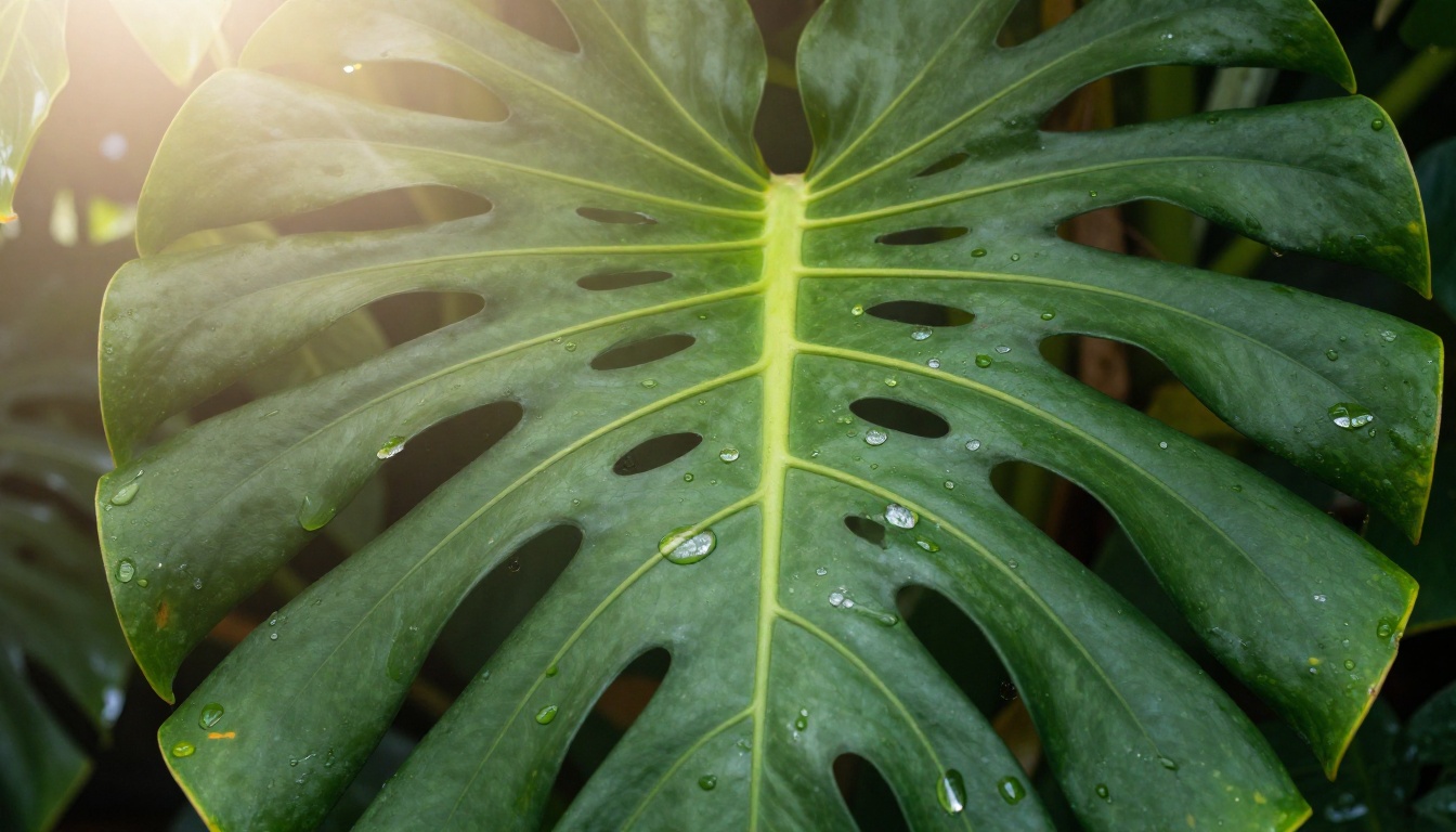 Monstera leaves with dramatic backlighting showing translucent leaf cells and intricate vein networks in macro photography Monstera leaves with dramatic backlighting showing translucent leaf cells and intricate vein networks in macro photography