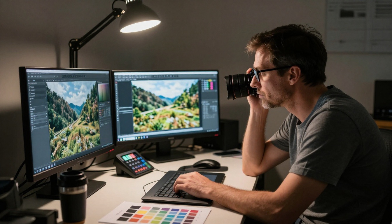 Photographer analytically reviewing AI-generated image quality on a calibrated monitor in a dim post-processing studio Photographer analytically reviewing AI-generated image quality on a calibrated monitor in a dim post-processing studio